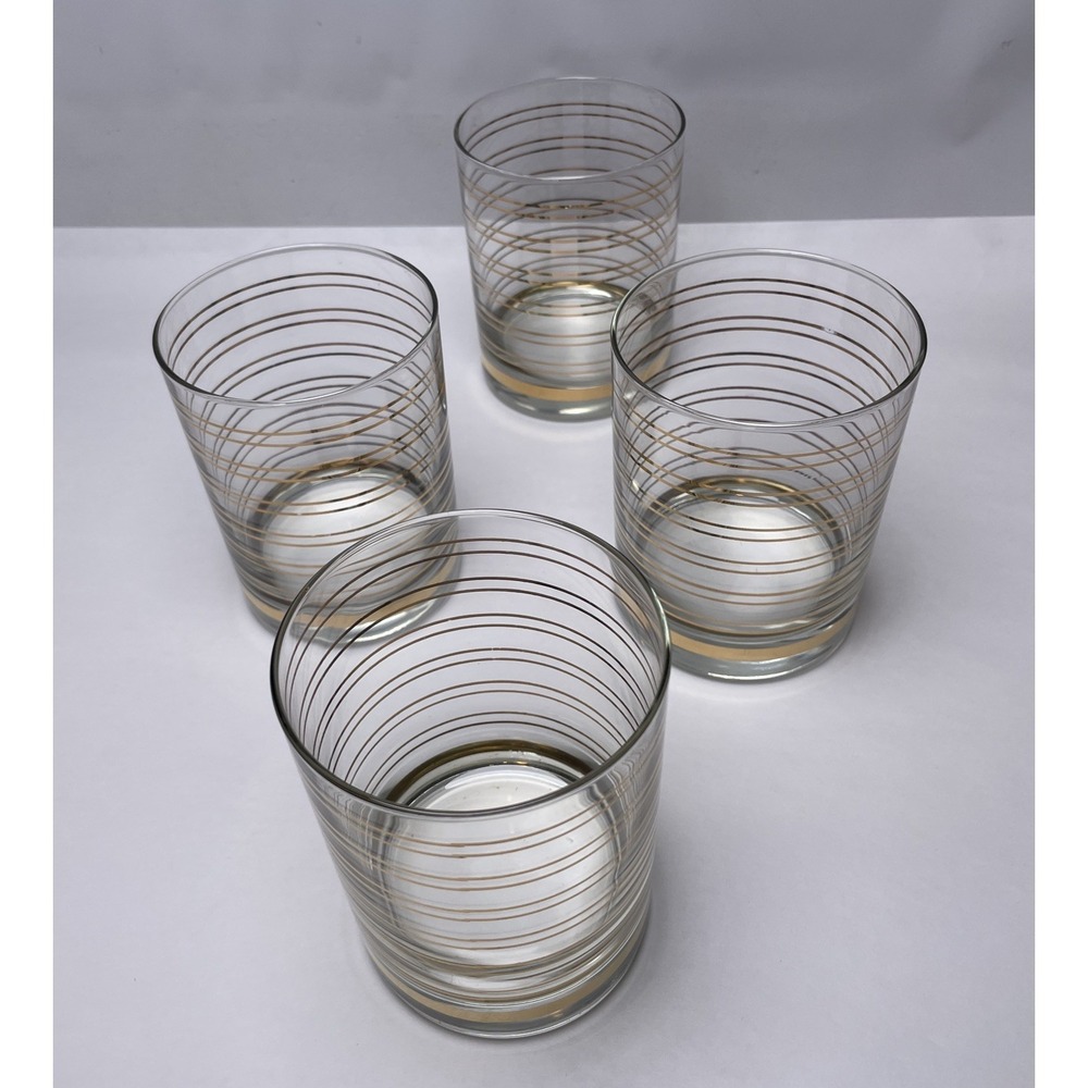 Shelton Ware On the Rocks Glasses Set of 4 Clear w/ Gold Stripe 80's Vintage Bar